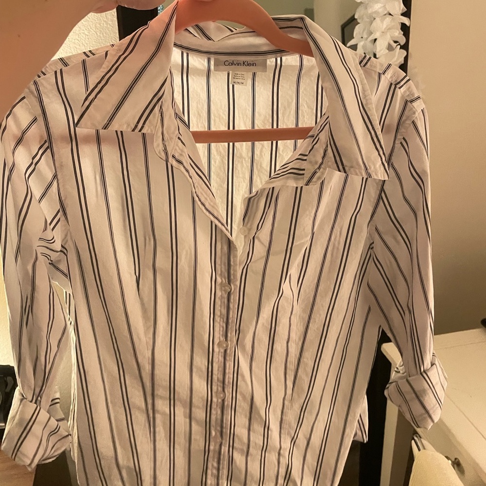 Calvin Klein medium dress shirt white and blue pinstripes